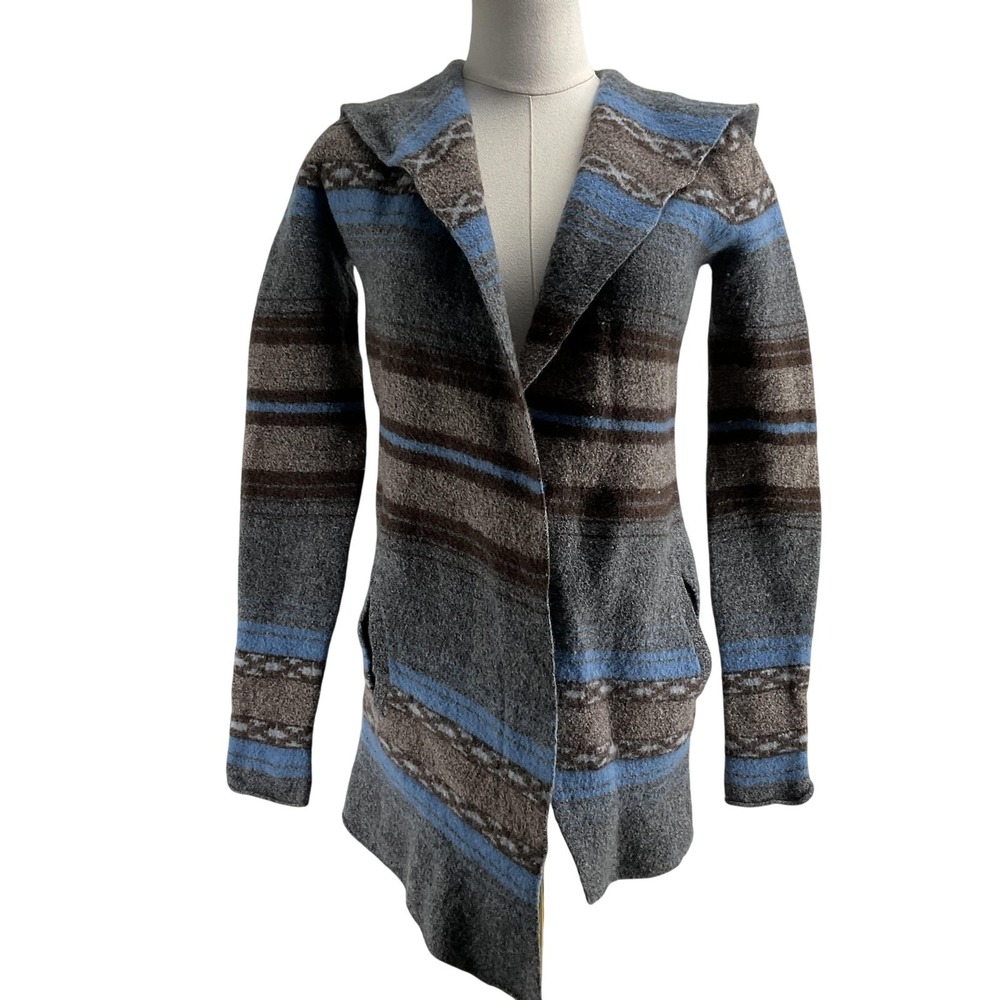 Toad&Co Sweater Cardigan Womens M Gray Striped 100% Wool Hooded Open Pockets